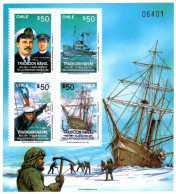 Chile 1991, Ships, Shackleton, 4val In Block - Esploratori E Celebrità Polari