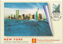 Norway Exhibition Card 1995 Postage Stamp Mega-event, New York, Statue Of Liberty, Manhattan  Card - Esposizioni Filateliche