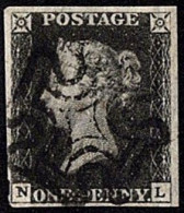 GBR SC #1 U (N,L) 1840 Q Victoria 4 Margins W/black MC Cancel CV $350.00 - Gebruikt