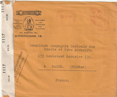 GRANDE BRETAGNE Lettre 1945 Machine à Affranchir BIRMINGHAM Pour PARIS Bande De Censure CANNIN LTD CHEMICALS - Machines à Affranchir (EMA)