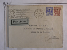 BS4 TUNISIE  BELLE  LETTRE RR 1939  TUNIS A   PARIS COLLECTION .HOTEL CRILLON +AEROPLHILATELIE+++ - Airmail