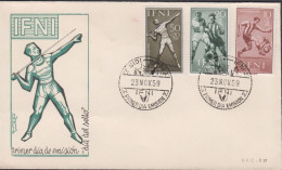 1959. IFNI. Beautiful FDC With Complete Set Sport (football) Cancelled First Day Of Issue... (MICHEL 185-187) - JF440056 - Ifni