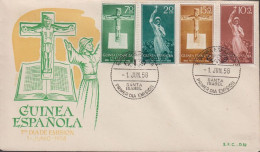 1958. GUINEA ESPANOLA. Beautiful FDC With Missionaire Motive With Complete Set Cancelled ... (michel 349-352) - JF440076 - Guinea Española