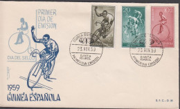 1959. GUINEA ESPANOLA. Beautiful FDC With Bicycle Motive With Complete Set Cancelled Firs... (michel 360-362) - JF440084 - Guinea Española