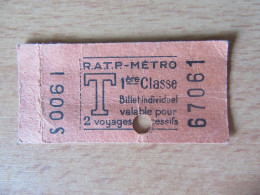 RATP - Billet De Métro 1ère Classe Valable Pour 2 Voyages Successifs - Europa