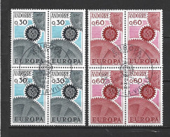 ANDORRA CORREO FRANCES  2 BLOQUES DE 4 SELLOS TEMA EUROPA 1967 CON MATASELLOS DE PRIMER DIA (C.H.) - Blocks & Sheetlets