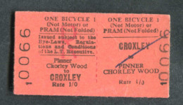 Ticket De Métro Pour Vélo Royaume-Uni 1960 "Croxley - One Bicycle - London Transport" Edmondson Ticket - Europe