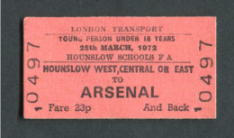 Ticket De Métro Scolaire Neuf - Londres Royaume-Uni 1972 "Hounslow West To Arsenal - London Transport" Edmondson Ticket - Europe