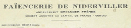 FAIENCE 1930 ENTETE FAIENCERIE DE NIEDERVILLER NIDERVILLER Près Sarrebourg Lorraine Moselle Dryander Frères V.HIST. - 1900 – 1949