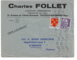 VALENCE Drôme Lettre Entête FOLLET 5F Gandon Violet 1F Poitou Yv 952 883 Ob 1953 Imprimé étranger -50g Dest Suisse - Brieven En Documenten