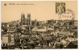 Belgium 1935 Postcard Bruxelles / Brussel, Eglise Sainte-Gudule Et Panorama; Exposition / Tentoonstelling Postmark - Panoramische Zichten, Meerdere Zichten