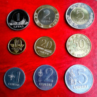 Lithuania 5,2,1 Litai, 50,20,10 Centu, 5,2,1 Centai, 9 COINS FULL SET ALL UNC  -1991 ,2008, 2013 - Litauen