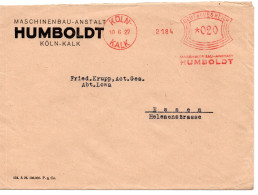 66081 - Deutsches Reich - 1927 - 20Pfg AbsFreistpl A Bf KOELN - HUMBOLDT ... -> Essen - Lettres & Documents