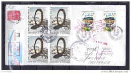 ANDORRE N° 423x4/419x2/409 (TAXE PR)  SUR LETTRE REC.DU 3.10.92 POUR AUSTRALIE + RETOUR - Brieven En Documenten