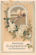 Ansichtskarte / Postkarte - Präge Litho Glückwunsch Konfirmation, Kirche, Weiße Rosen (2471) - Comuniones