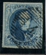 BELGIQUE - COB 4 - 20C BLEU TERNE PAPIER MINCE MEDAILLON MARGE OBLITERE - 1849-1850 Medallions (3/5)