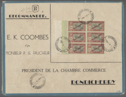 French India: 1941, 5 R. Rot/schwarz Auf Grün, Im Sechserblock Vom Linken Bogenr - Cartas & Documentos