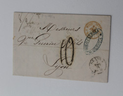 1854 Lettera INTERNAZIONALE  GENOVA-LIONE/Francia+TASSE C.10+8/2+timbro ROSSO Transito+bollo VERDE DITTA CELESIA-C4 - 1. ...-1850 Prefilatelia