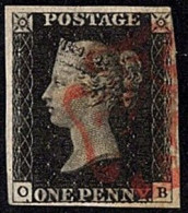 GBR SC #1 U (O,B) 1840 Q Victoria 3+ Margins W/red Cancel CV $375.00 - Used Stamps