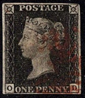 GBR SC #1 U (O,D) 1840 Q Victoria 4 Margins W/red Cancel CV $375.00 - Gebruikt