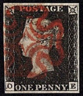 GBR SC #1 U (O,E) 1840 Q Victoria 4 Margins W/red MC Cancel CV $370.00 - Oblitérés