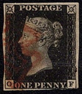 GBR SC #1 U (O,F) 1840 Q Victoria 3+ Margins Intense Black W/red Cancel CV $525.00 - Gebruikt