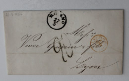 1854 Lettera INTERNAZIONALE MILANO-LIONE/Francia+TASSA 20 Carantani+timbro ROSSO TRANSITO-C13 - 1. ...-1850 Prefilatelia