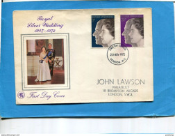 GRANDE BRETAGNE-enveloppe F D C "royal Silver Weeding' 1947-1972  Cad 20 Nov 72 2 Stamps N°672-3  Elisabeth And Phillips - 1971-1980 Decimal Issues