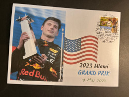 (4 Q 52) Formula One - 2023 Miami Grand Prix - Winner Max Verstappen (6 May 2023) With OZ + USA Flag Stamp - Andere & Zonder Classificatie