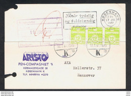 DENMARK: 1961 COMMERCIAL POSTCARD WITH 120 Ore STRIP 3 GREEN-YELLOW (336 B) - TO GERMANY - Storia Postale