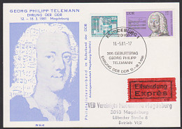 MC Georg Philipp Telemann  Ehrung In Der DR 1981 SoSt. Magdeburg Orts-Eil-Sendung Auf Zudruckkarte - Maximum Cards