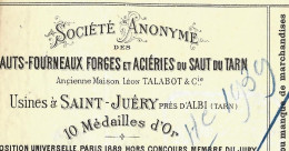 1900 ENTETE Sté Hauts Fourneaux Forges Acieries Saut Du Tarn St Juéry (Tarn) LETTTRE DE VOITURE ROULAGE TRANSPORT Pour S - 1800 – 1899