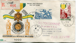 TOGO ENVELOPPE 1er JOUR P.A.C. RECOMMANDEE DU N°255 AVEC AFFR COMPL RECTO / VERSO DEPART LOME 13-12-1952 POUR LA FRANCE - Covers & Documents