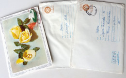 #80 Traveled Envelope, Return-addressed Envelope And Postcard Flowers Cirillic Manuscript Bulgaria 1982 - Local Mail - Cartas & Documentos