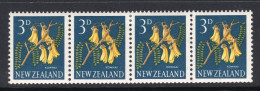 New Zealand 1960-66 Pictorials - 3d Kowhai Strip - Wmk. Sideways Strip Of 4 HM (SG 785e) - Last Stamp Creased - Neufs