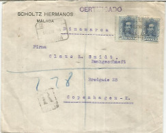 MALAGA A DINAMARCA 1928 CERTIFICADA SELLOS ALFONSO XIII VAQUER - Cartas & Documentos