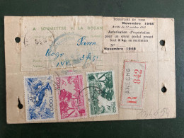 ETQUETTE DE COLIS RECOMMANDE TP 25F + 15F + 6F OBL.25 NOV 48 ANECHO + CACHET BLEU DOUANES - Storia Postale