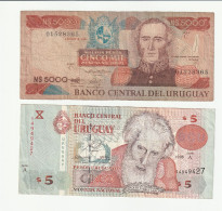 LOT DE 2 BILLETS D'URUGUAY : 5 PESOS DE 1998 (SA)  ET 5000 NOUVEAUX PESOS (SC) / VENDUS EN L'ETAT - Uruguay