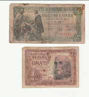 LOT DE 2 BILLETS Espagnols : 5 PESETAS DE 1945 (SE 15 JUIN 1945)  +1 PESETA DE 1953/ VENDUS EN L'ETAT - 5 Pesetas