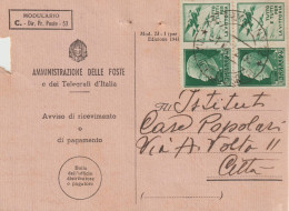 13*-Coppia 25c.Propaganda Di Guerra  :Tutto E Tutti..v.1942 Su Ricevuta Di Ritorno A.R. Da E Per Palermo - Kriegspropaganda