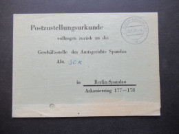 Berlin Postzustellungsurkunde Vollzogen Zurück An Die Geschäftsstelle Amtsgericht Spandau Stempel Berlin Grunewald 1961 - Cartas & Documentos