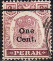 MALAYA PERAK MALESIA 1900 TIGER SURCHARGED ONE CENT 1c On 2c USED USATO OBLITERE' - Perak