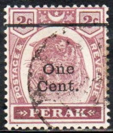 MALAYA PERAK MALESIA 1900 TIGER SURCHARGED ONE CENT 1c On 2c USED USATO OBLITERE' - Perak