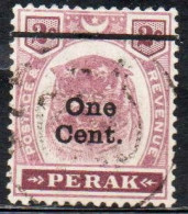 MALAYA PERAK MALESIA 1900 TIGER SURCHARGED ONE CENT 1c On 2c USED USATO OBLITERE' - Perak