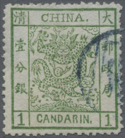 China: 1883, Large Dragon Thick Paper 1 Ca. Green Canc. Part Strike Blue Seal Of - 1912-1949 Republic