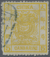 China: 1883, Large Dragon Thick Paper 5 Ca. Lemon Canc. Blue Seal (Michel €450) - 1912-1949 Republic