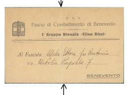 BENEVENTO - FASCIO DI COMBATTIMENTO - I GRUPPO RIONALE CLINO RICCI - SPEDITA 1936 - PIEGA CENTRALE -  (16016) - Benevento