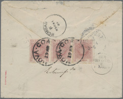 Portugese India: 1887, 1 T. Rose, A Horizontal Strip Of Three Tied Two Clear Str - Portugiesisch-Indien