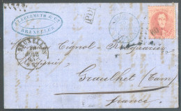 N°15B - Médaillon 20 Centimes Bleu Obl. LP.63 Sur Lettre De BRUXELLES (NORD) Le 20 Septembre 1865 Vers Gand -  21068 - 1863-1864 Medaillen (13/16)