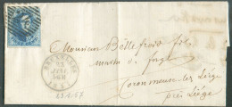 N°7 - Médaillon 20 Centimes Bleu, TB Margé, Obl. P.24 à 14 Barres Sur Lettre De BRUXELLES Le 23 Janvier 1857 Vers CoronM - 1851-1857 Medallones (6/8)